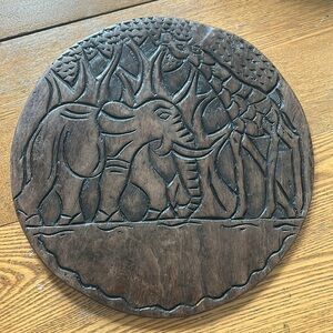 Carved Wood African Platter Elephant Giraffe